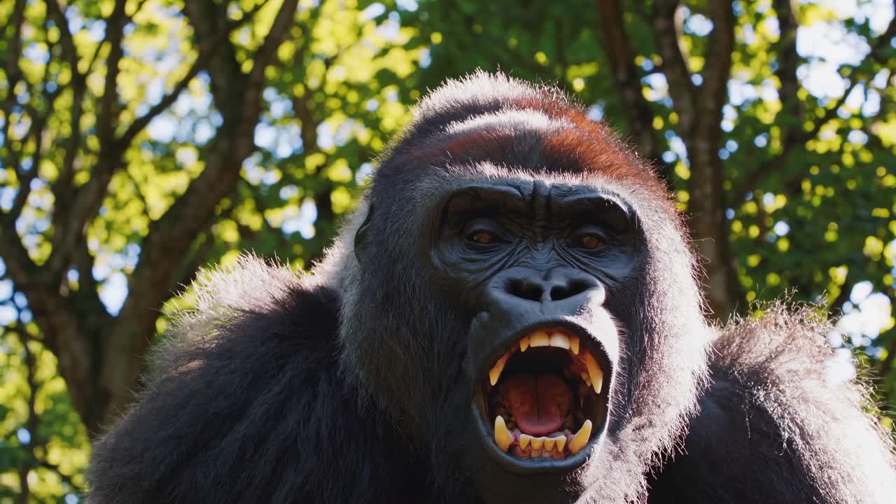 Video ravvicinato di un gorilla che ruggisce in una foresta, ripreso da un angolo basso