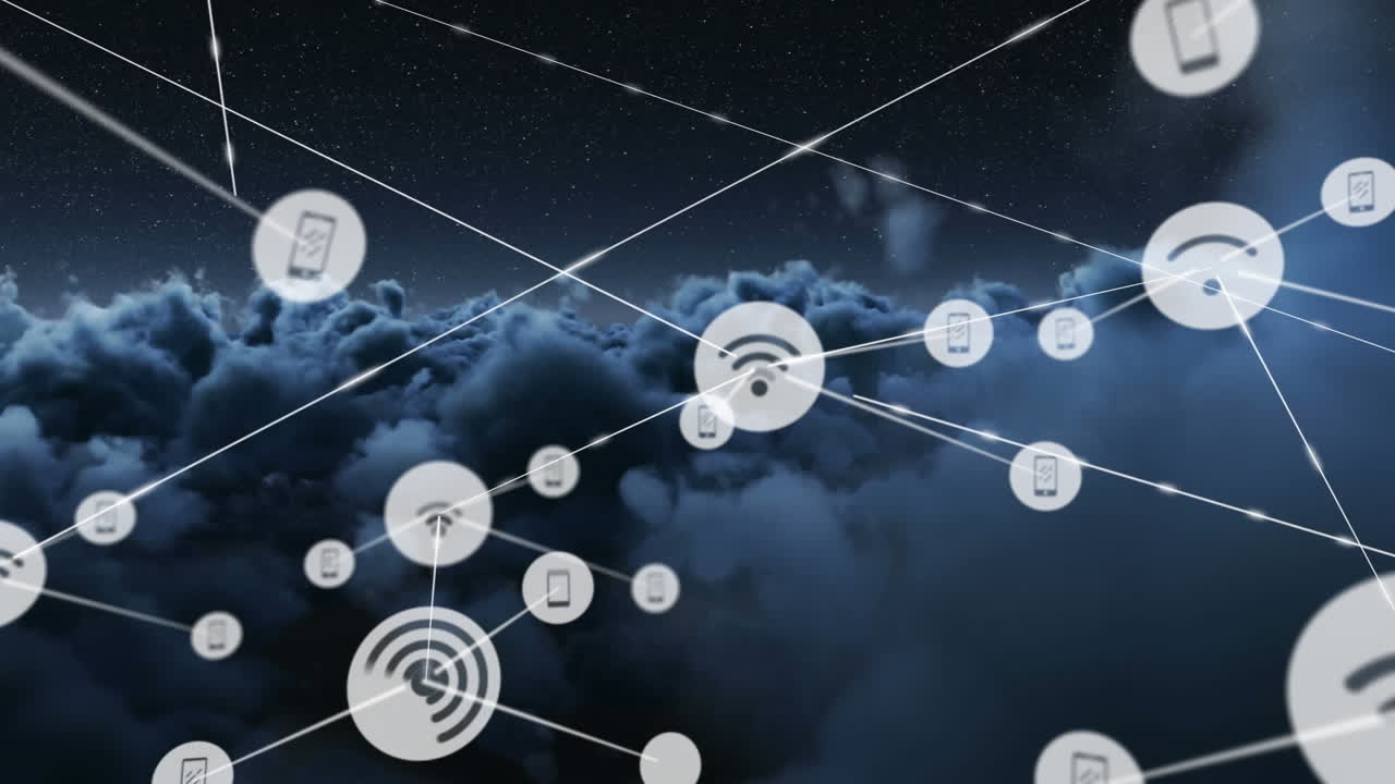 animación de la red de conexiones de iconos con wi-fi sobre nubes