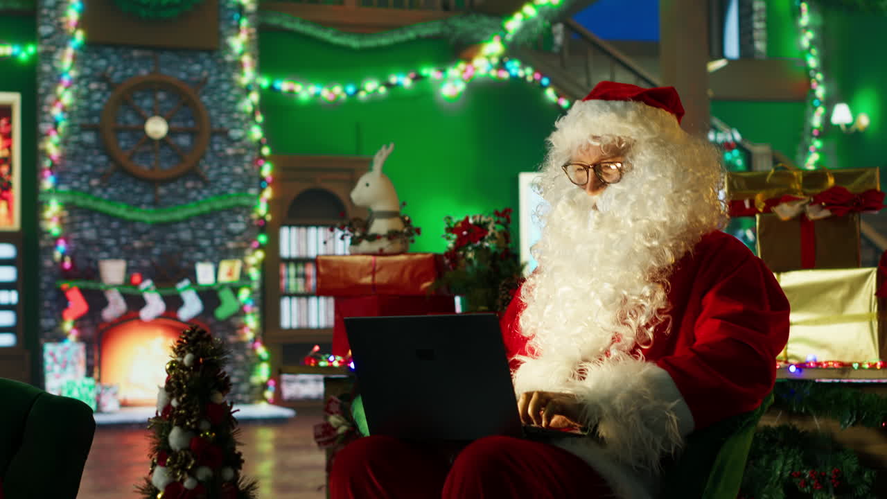 산타클로스가 크리스마스 동안 노트북에서 일하고 있습니다.