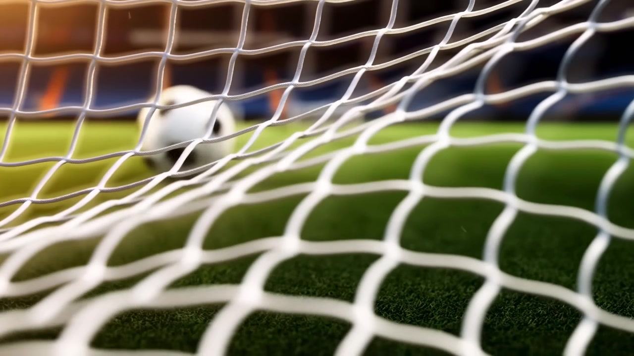 Beyaz kale ağı yakın ön planda öne çıkarken, siyah beyaz futbol topu yeşil oyun yüzeyinde uzaklaşıyor; sığ odak, sıcak vurgular ve koyu bulanık arka plan ile.