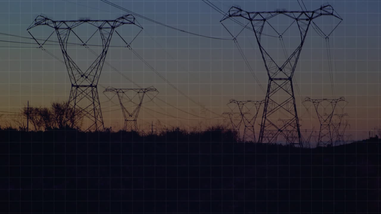 Animation of data processing with globe over electricity pylons