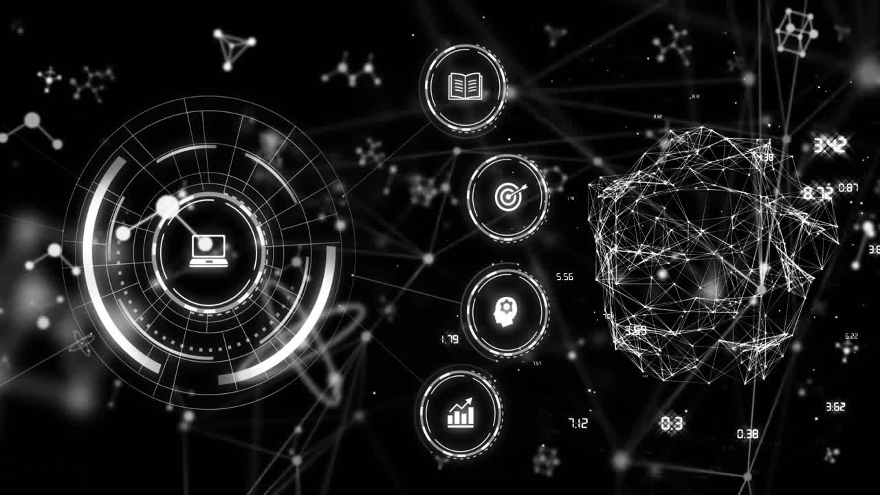 Digital interface with data processing and network connections animation over dark background
