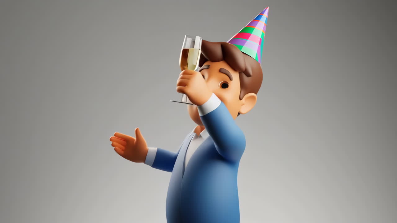 3D-karakter, der fejrer og skåler med champagne