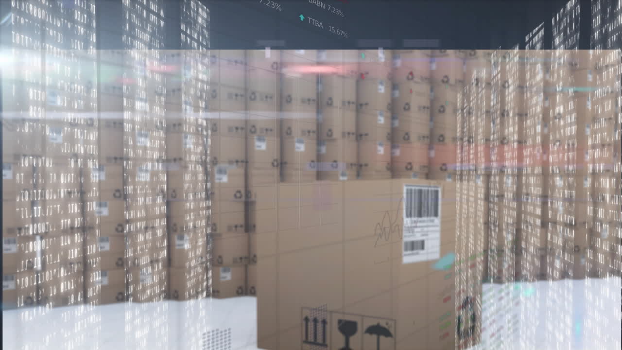 Warehouse stacked with boxes overlaid with digital data and coding animation