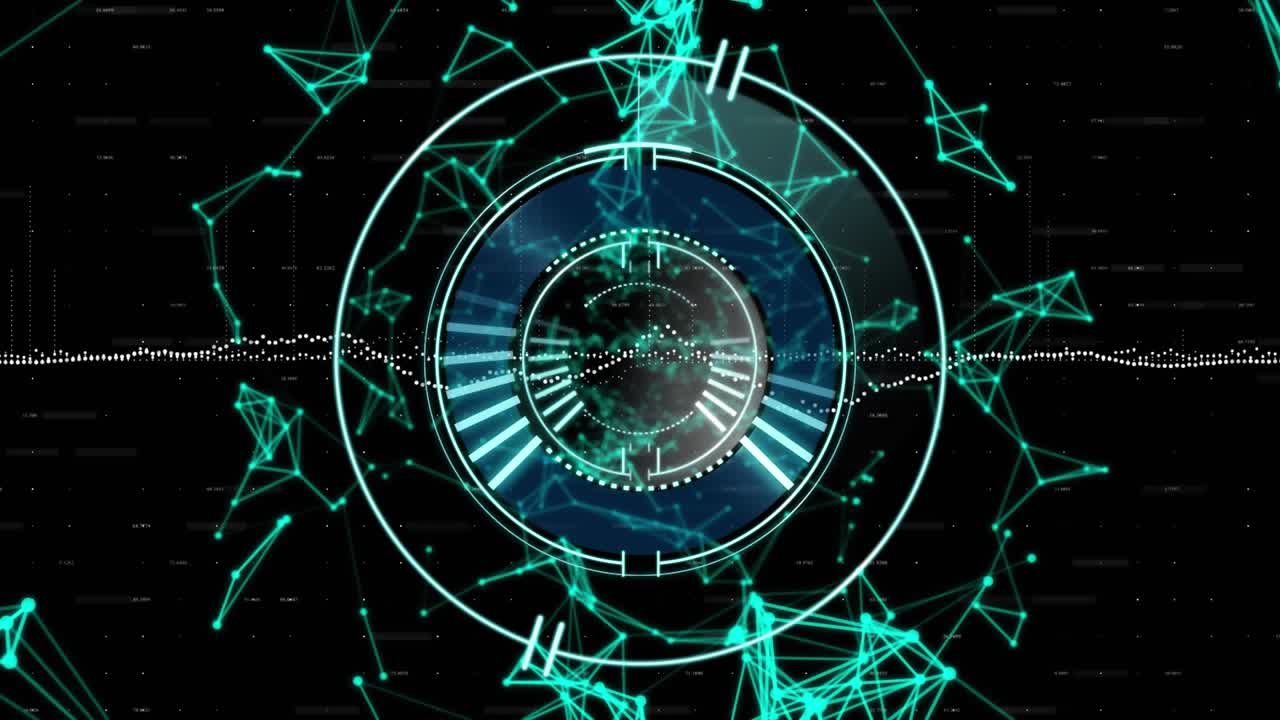 Animazione di scanner rotondo al neon e reti a plesso che fluttuano su sfondo nero