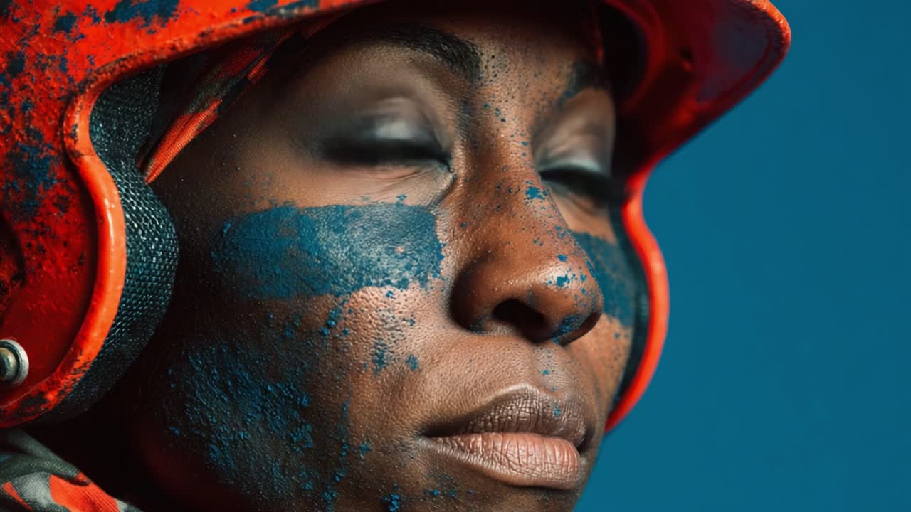 Nærbildeportrett av en målrettet person iført en oransje hjelm, malt med blå ansiktskosmetikk, som reflekterer styrke og motstandskraft mot en solid bakgrunn