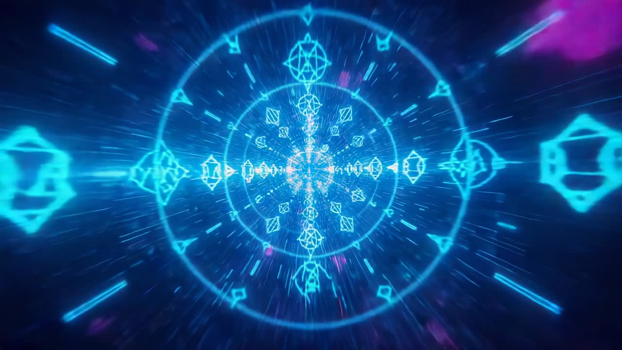 Initiating glowing cyan symbol in tunnel, expanding ring and sending streaks and pink particles