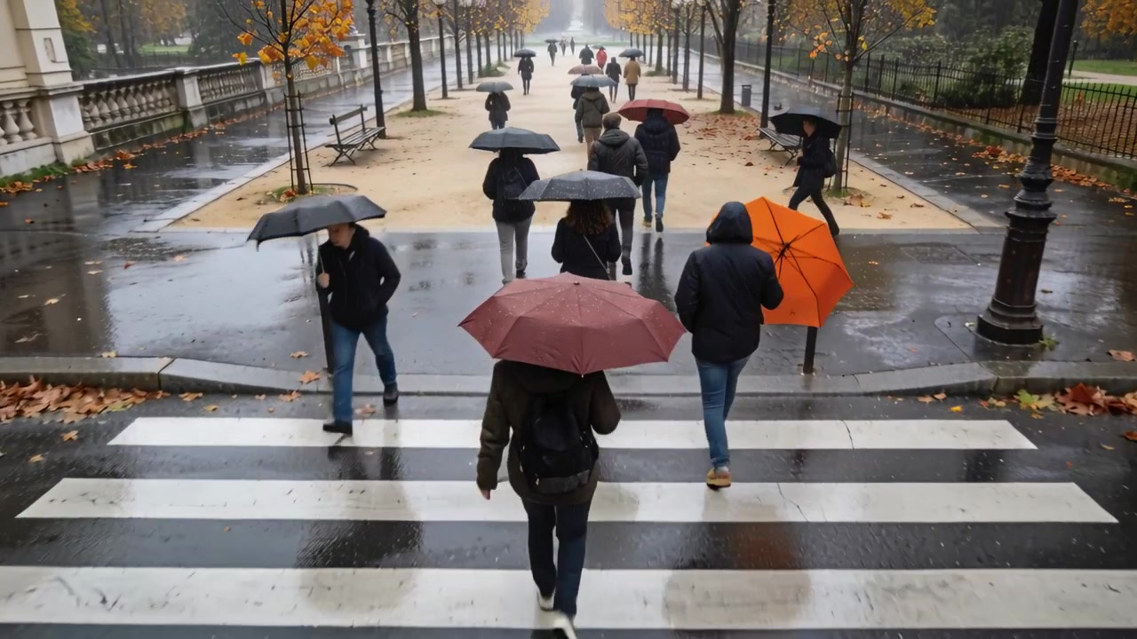 Walking person with maroon umbrella and backpack crossing wet zebra crossing to tree path in rain