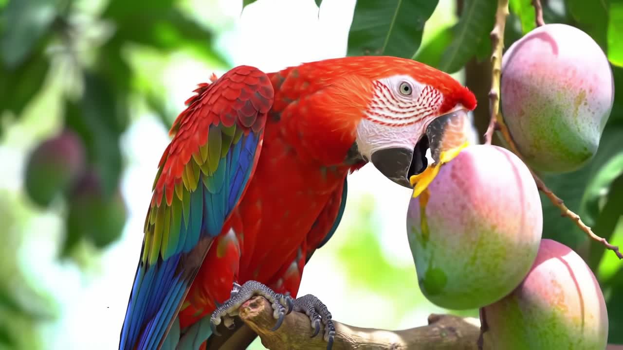 Vibrant Scarlet Macaw Enjoying a Juicy Mango Amidst Lush Greenery, Showcasing Its Stunning Feathers and Playful Nature in the Heart of a Tropical Paradise