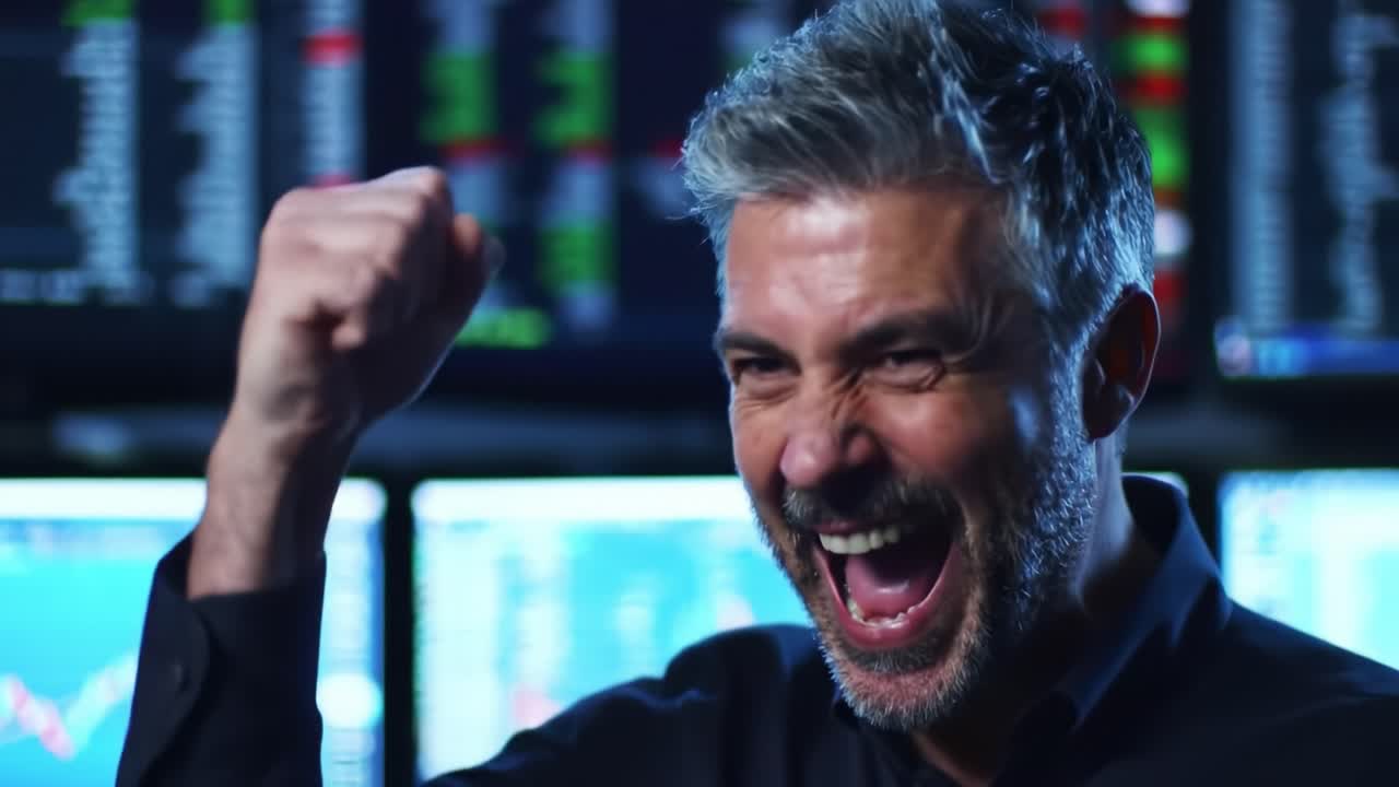 A Financial Expert Celebrates Success with Enthusiasm in a Dynamic Trading Environment, Captured in Two Frames Showing the Journey from Discussion to Exuberant Victory