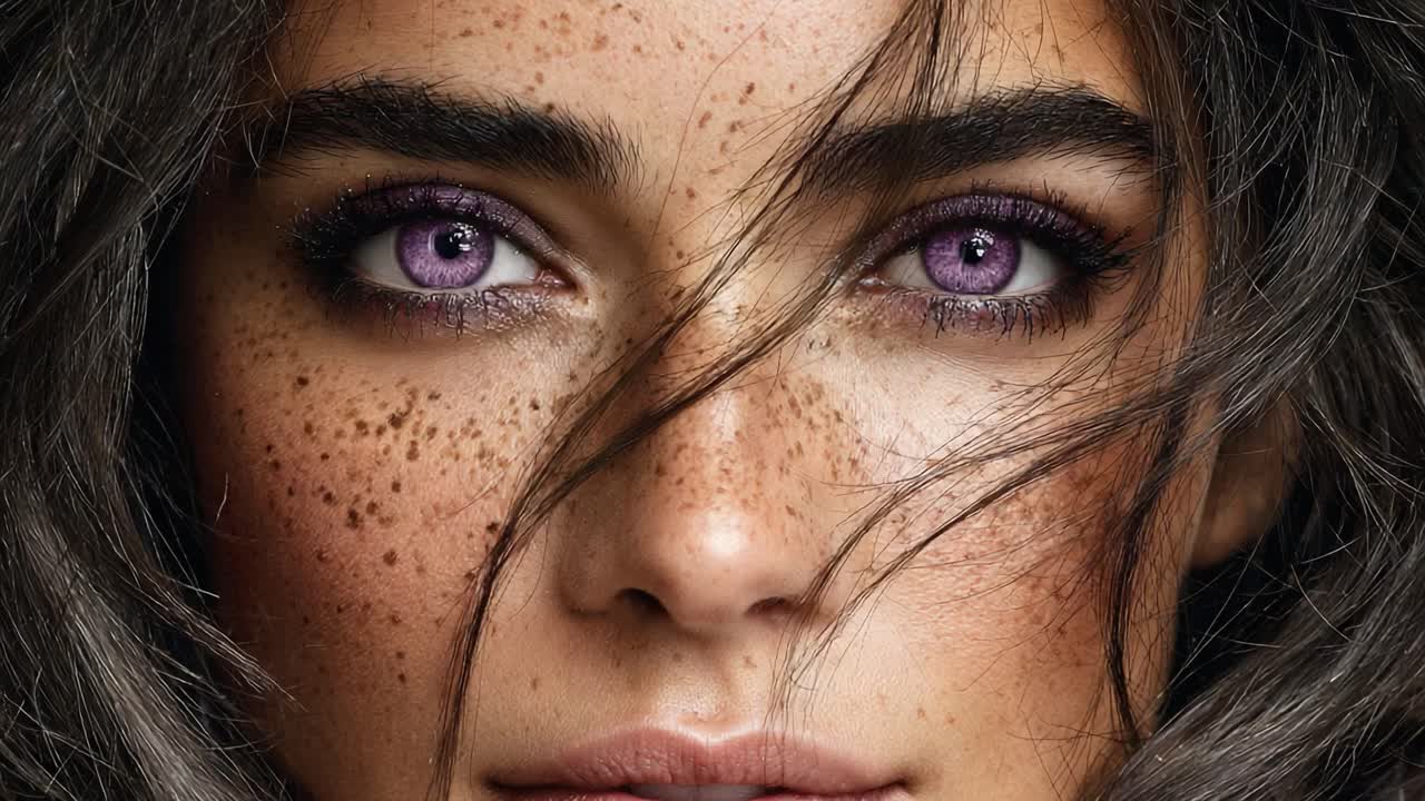 Captivating Beauty: An Enchanting Close-Up of a Model with Striking Purple Eyes, Freckles, and Lush Hair Displaying an Alluring and Intriguing Expression