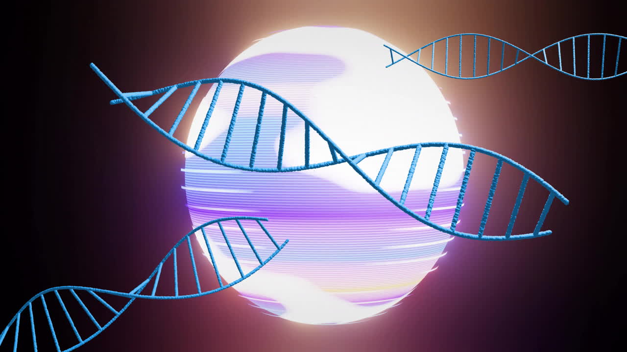 Neon striped orb being visualized in dark lab 3D render, with floating blue DNA helix segments