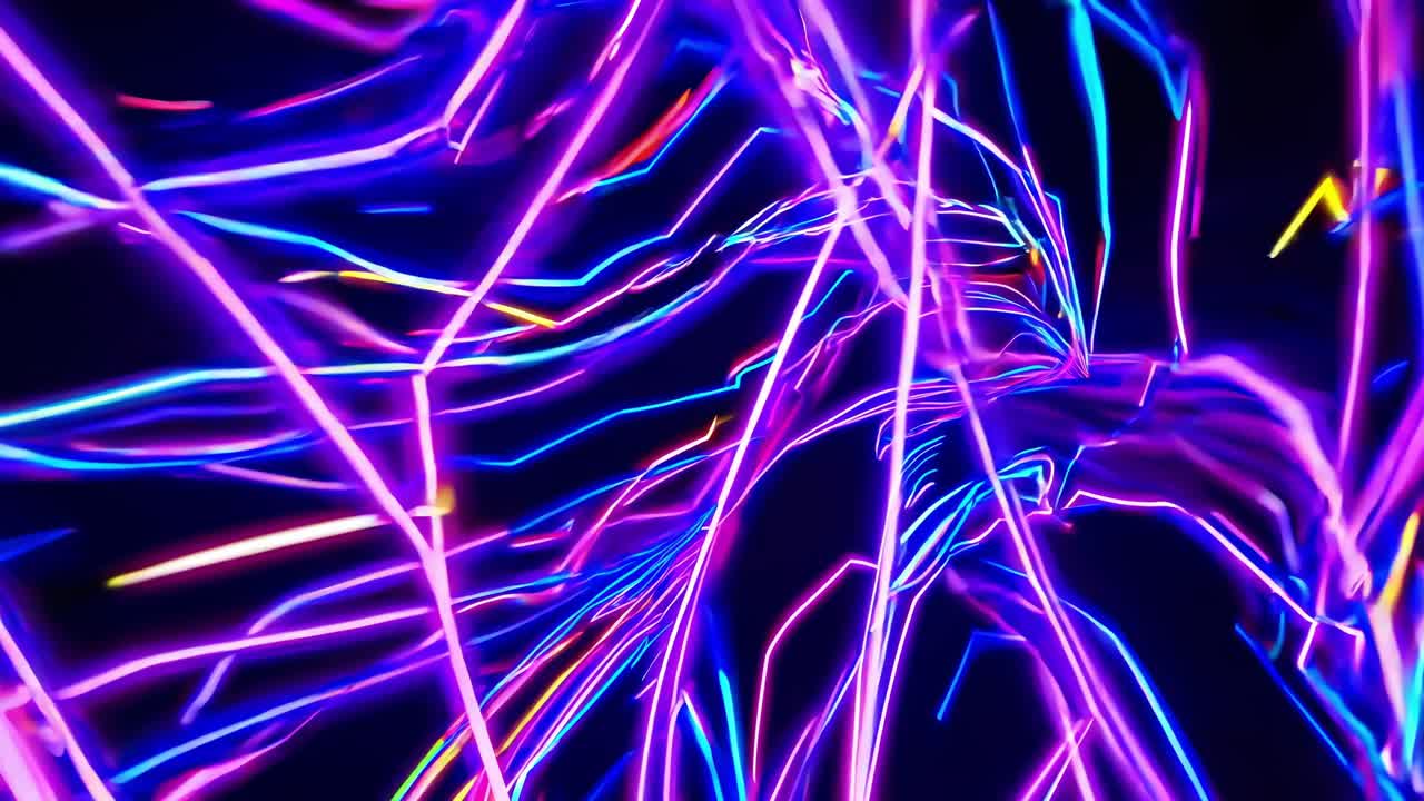 Vibrant neon lights create a dynamic symphony of color, pulsating and streaking across a dark background, forming an abstract visual spectacle