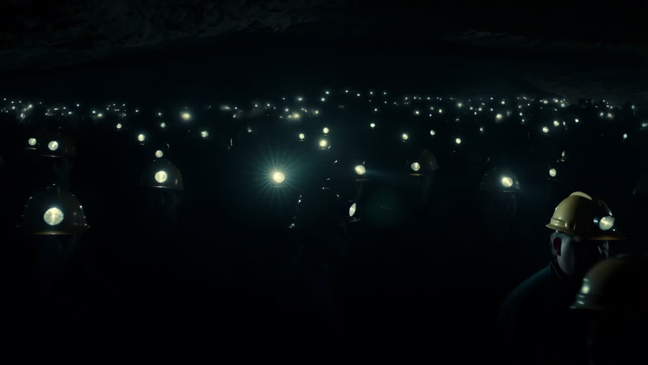 Miners with Headlamps in a Dark Underground Cave