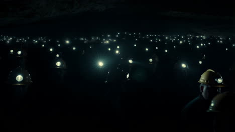 miners with headlamps in a dark underground cave