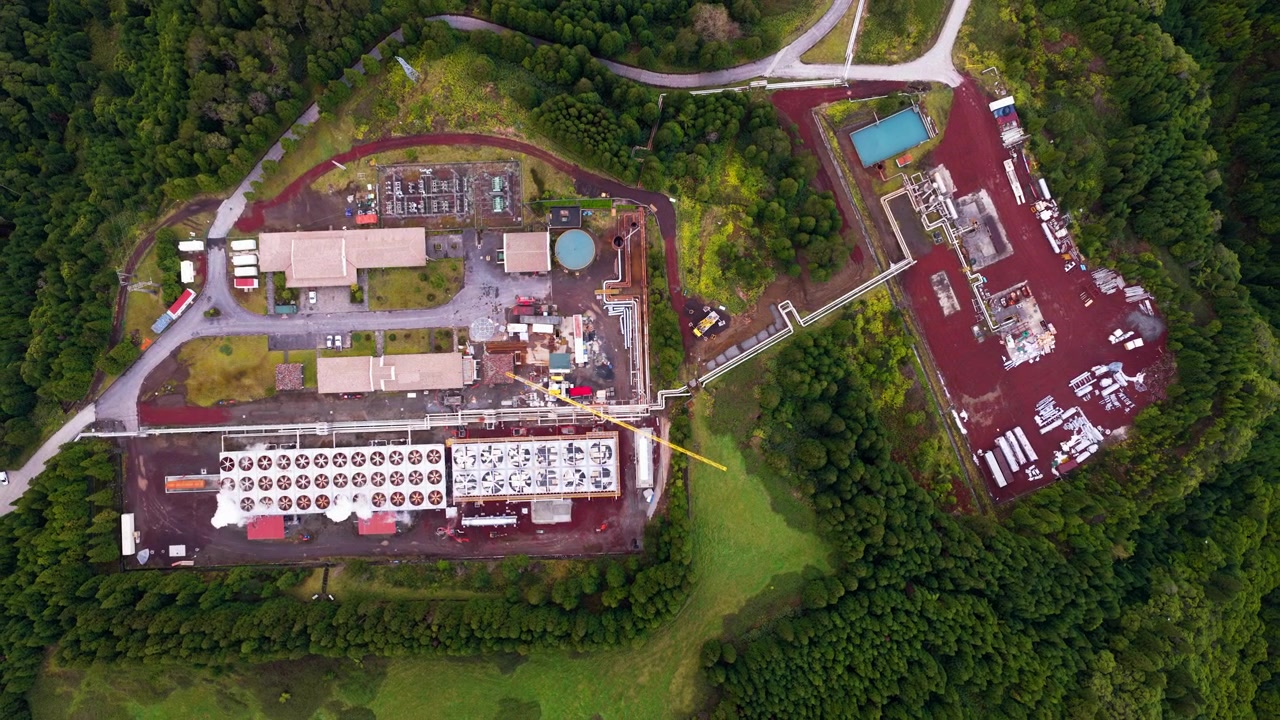 Topview Of Ribeira Grande Geothermal Power Plant In A Forested Area On São Miguel Island in the Azores, Portugal. Aerial Shot