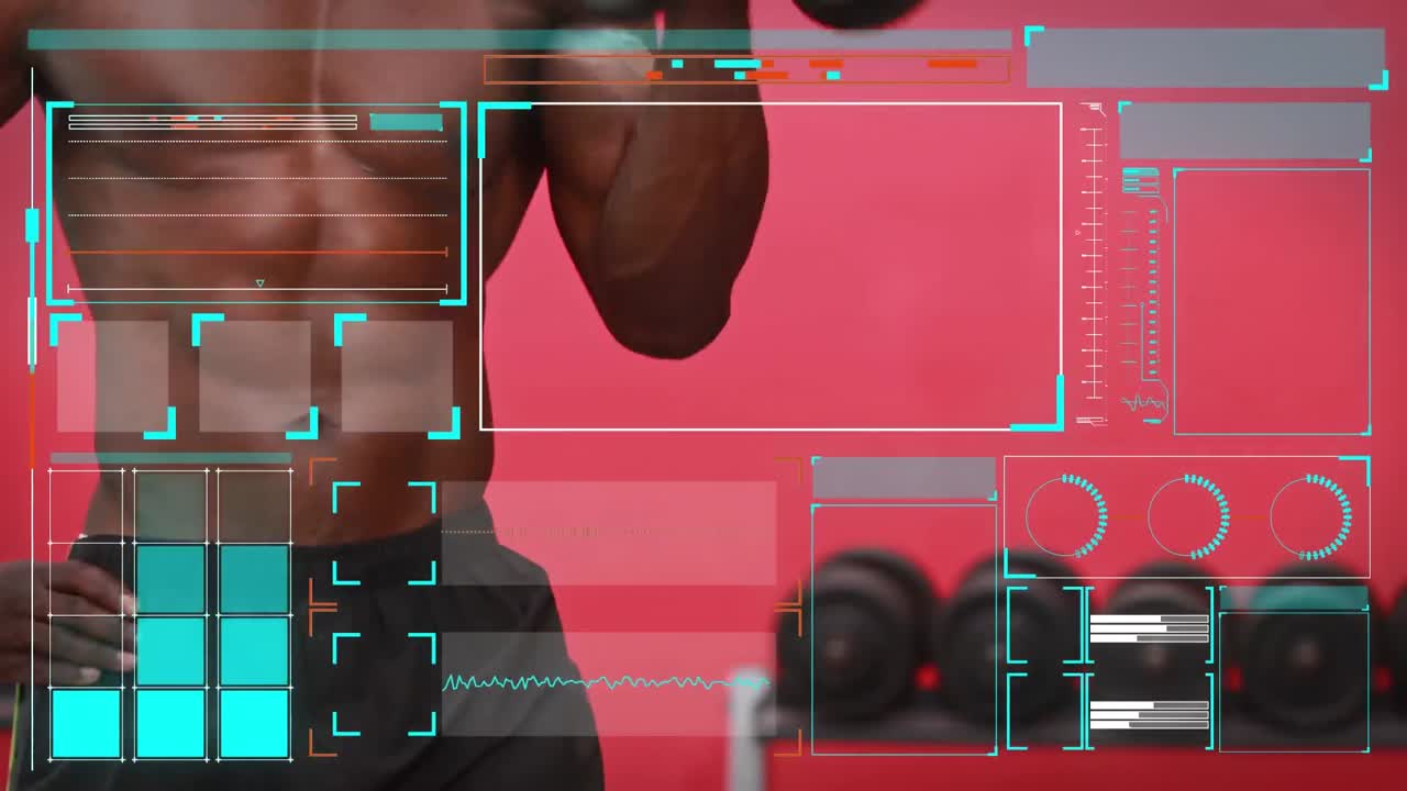 Animation of digital interface over strong man exercising