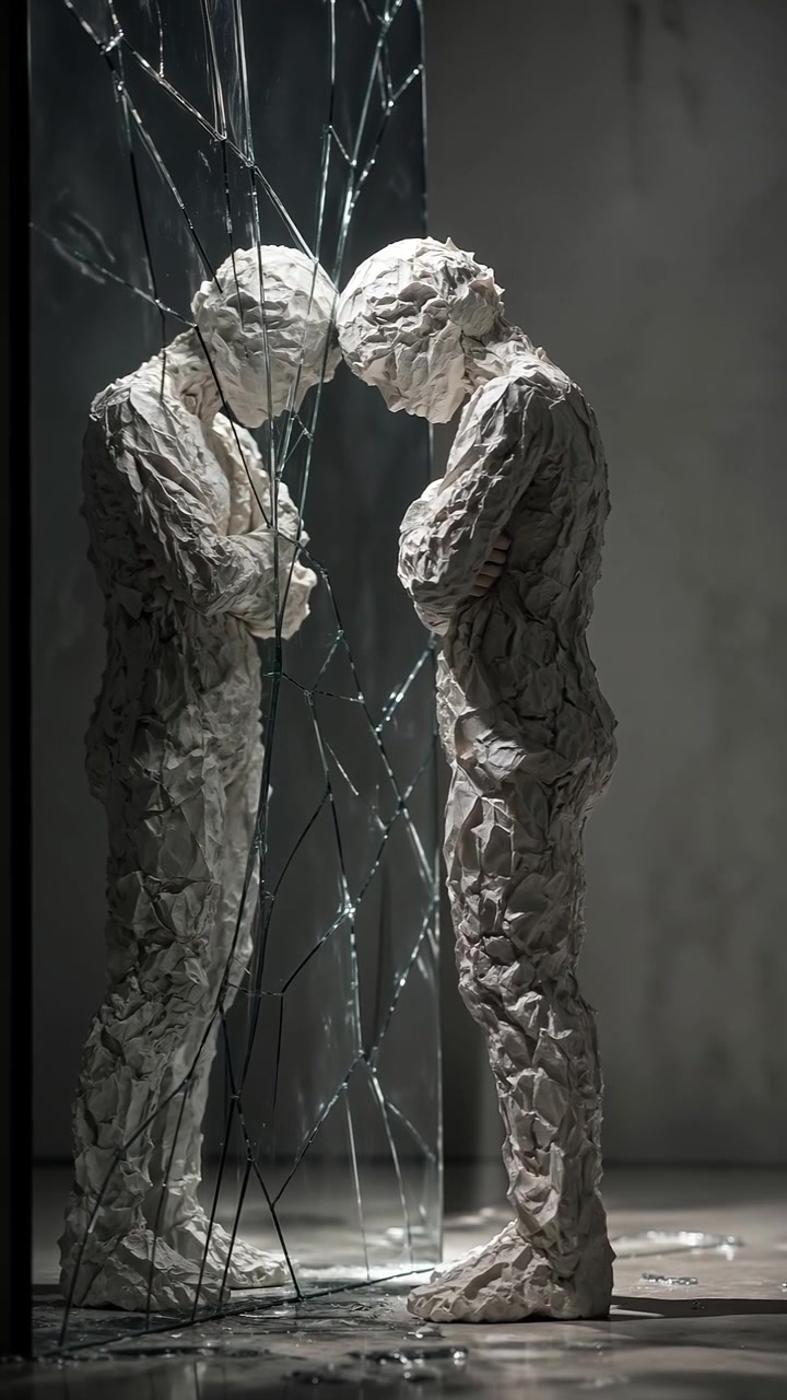 Abstract figure made of textured white material reflecting in a shattered mirror against a dark background
