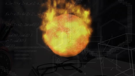 animación de una bola de fuego sobre ecuaciones matemáticas y diagramas contra un fondo negro