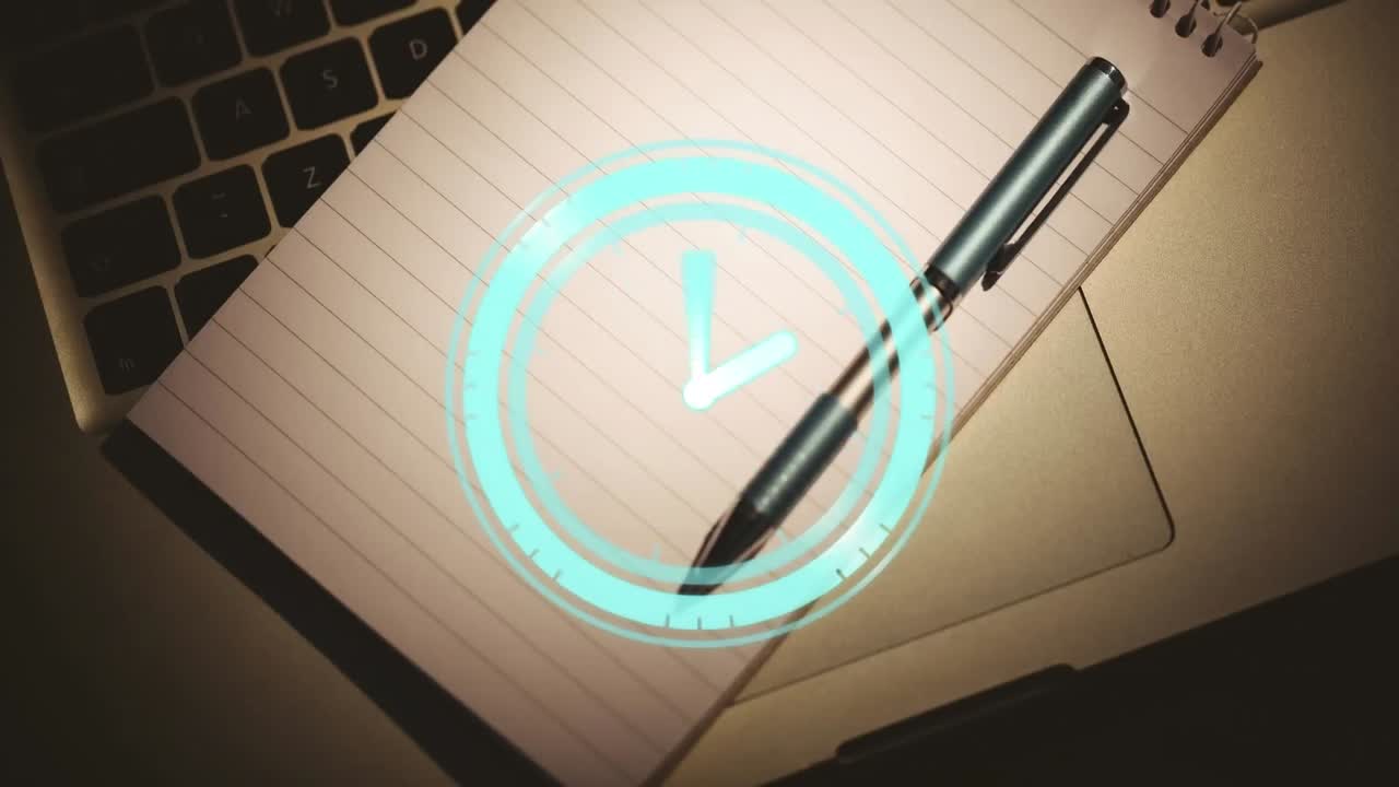 나무 테이블 에 있는 노트북 과 노트북 위 에서 시계 가 뛰고 있는 애니메이션