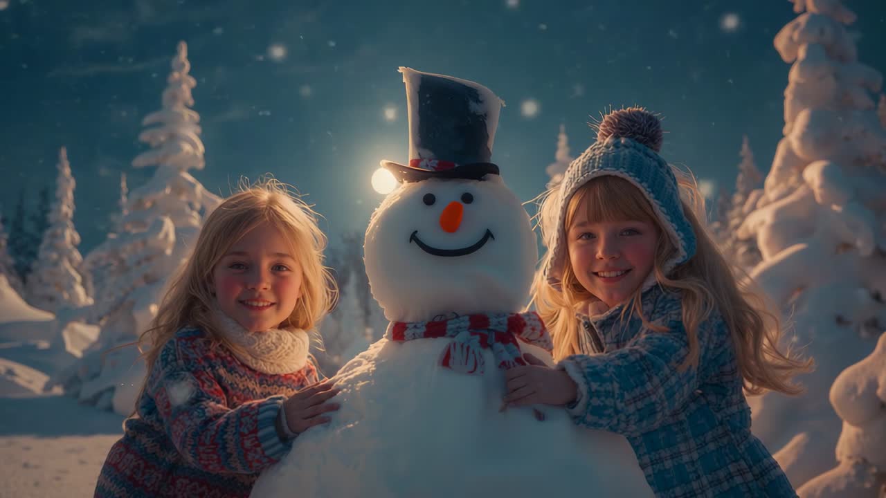 Snow falling, sisters scooping snow and building snowman in forest clearing, with carrot nose