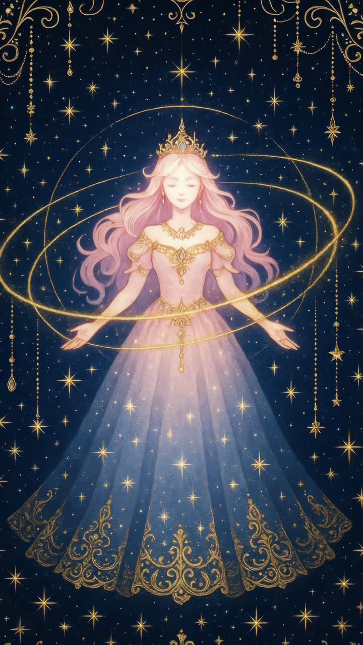 Ethereal princess in a starry gown, surrounded by golden orbs. Front angle captures her serene pose