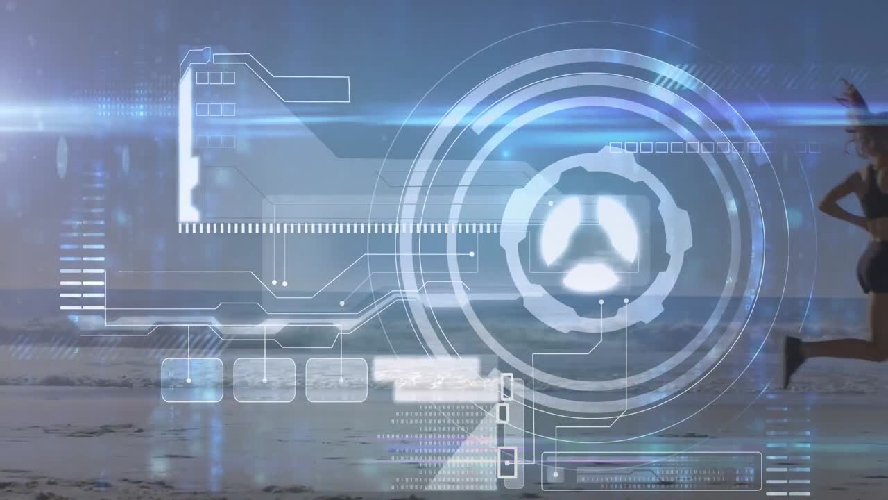 animación del procesamiento de datos y el escaneo del alcance sobre la mujer en forma corriendo