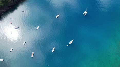 Moored-boats-in-blue-and-tropical-waters-near-coast,-Guadeloupe,-French-Antilles-archipelago