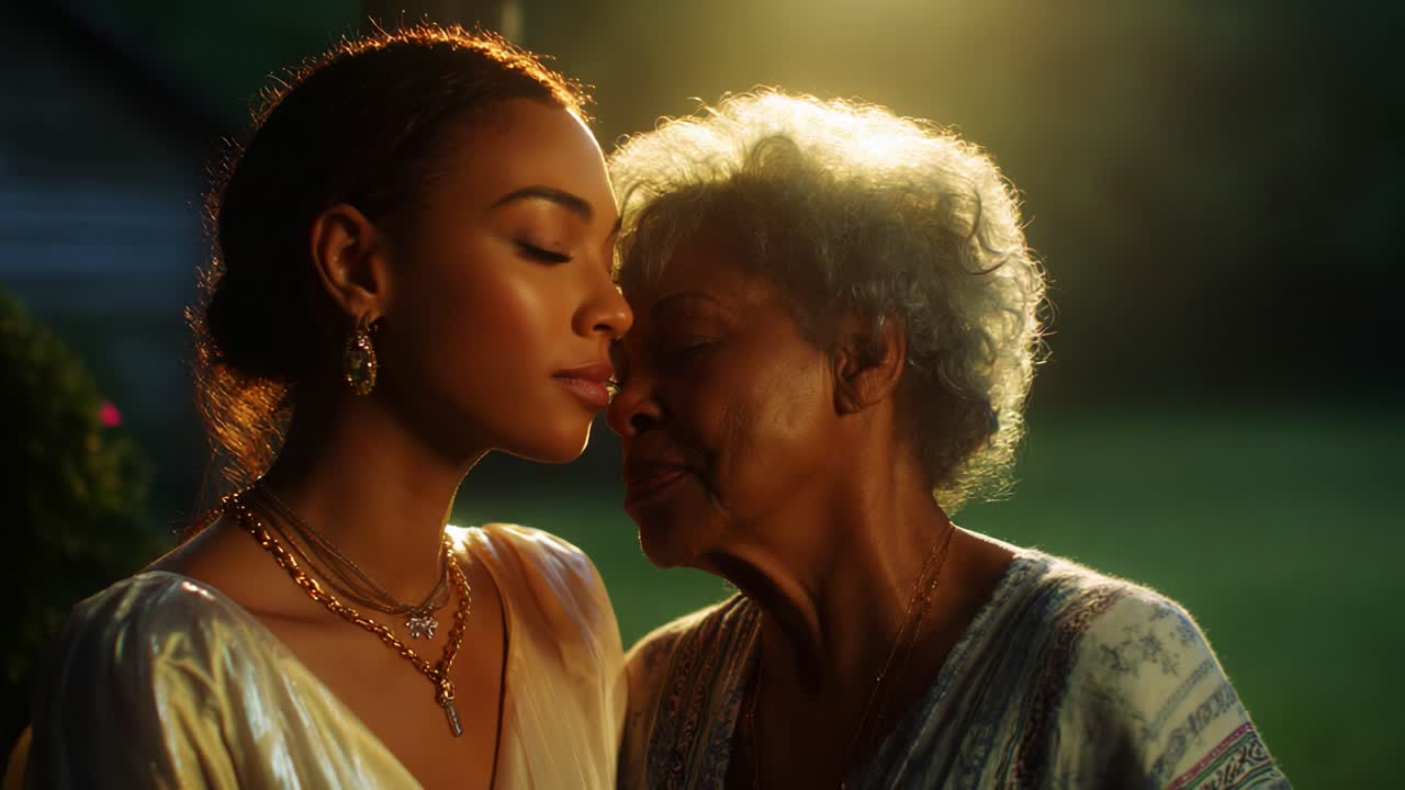 Intimate Moment Between Generations: A Young Woman and Her Grandmother Share a Heartfelt Connection in a Softly Lit Outdoor Setting, Capturing the Essence of Love, Bonding, and Family Heritage in a Timeless Embrace