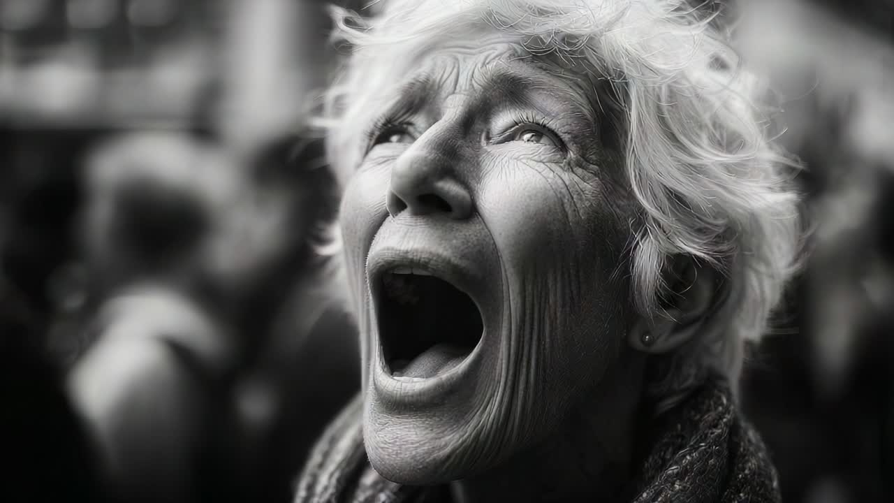 An Emotional Journey: Capturing the Intense Expressions of an Elderly Woman as She Conveys Deep Feelings of Pain, Hope, and Resilience Through Her Heartfelt Gestures