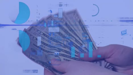 animación del procesamiento de datos financieros sobre un hombre contando billetes de dólares estadounidenses