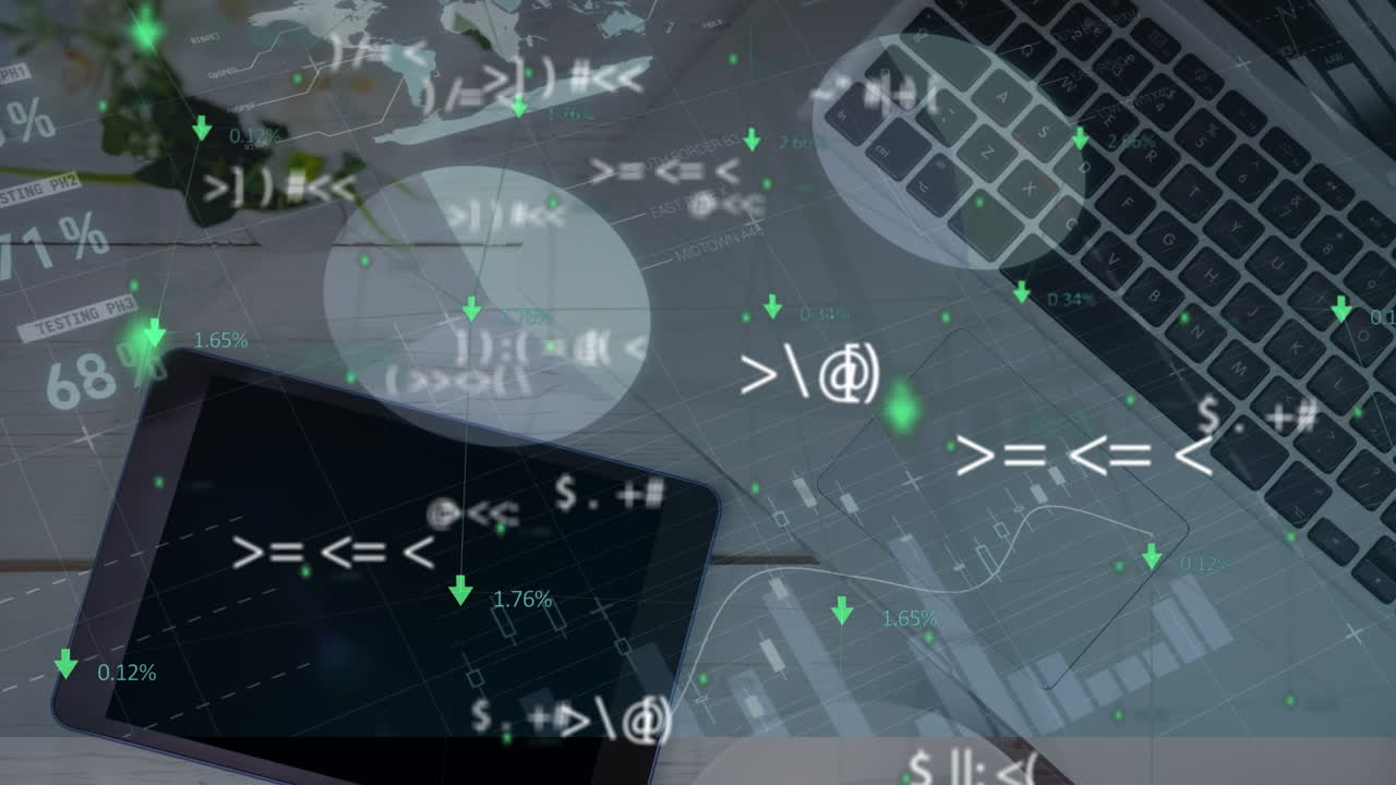 Animation of financial data processing over office with laptop