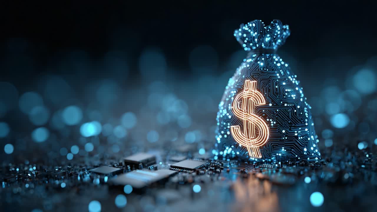 A Futuristic Representation of Wealth: A High-Tech Money Bag Illuminated with Circuit Patterns and Dollar Symbol, Set Against a Sparkling Digital Background