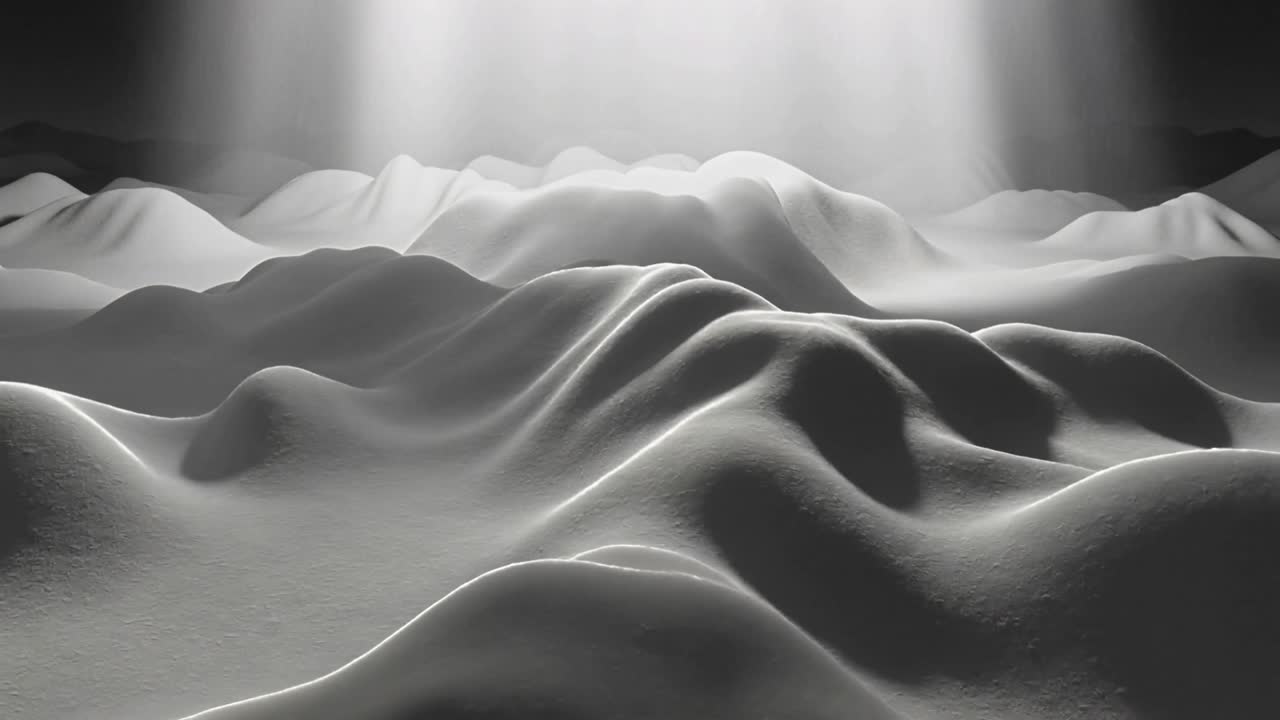 Camera pulling back, light beam widening, mounds revealing layered forms showing sculptural depth