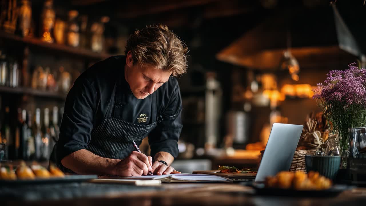 Uno chef appassionato impegnato in creazioni culinarie in una calda cucina rustica, che mette in mostra l'arte della cucina e l'attenzione ai dettagli nella gastronomia