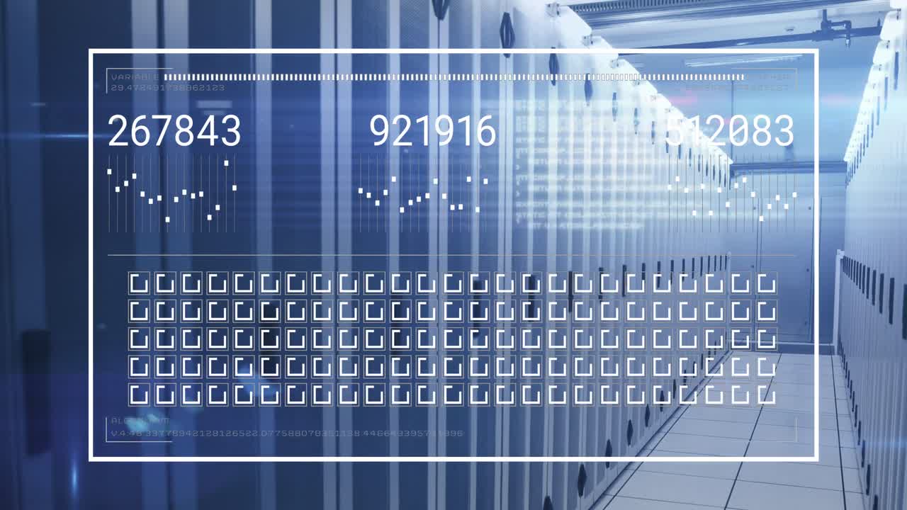 Animation of interface with data processing against computer server room