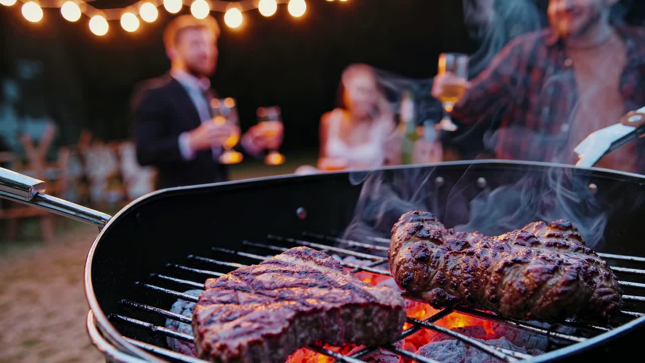 Ripresa video dal basso di una griglia per barbecue con bistecche che sfrigolano, su uno sfondo sfocato.