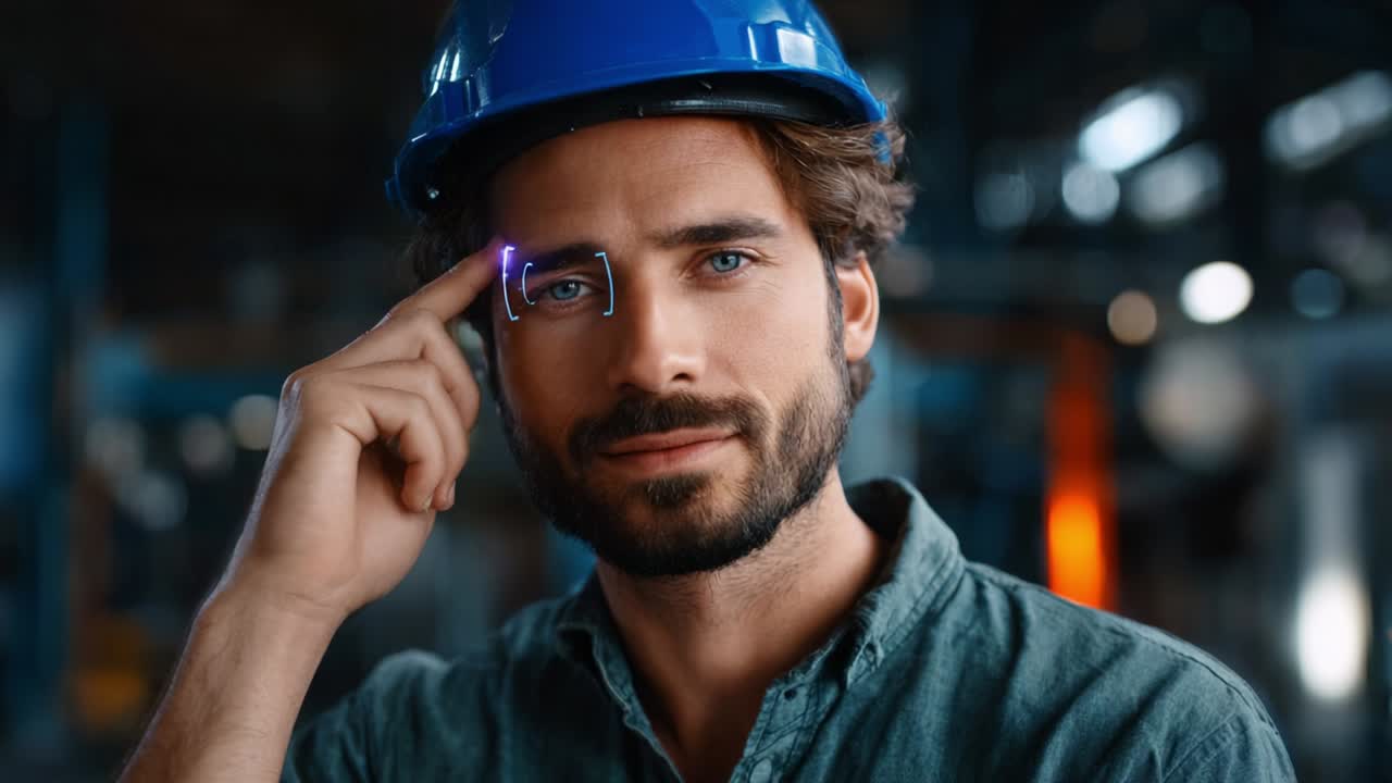 A confident technician wearing a blue hard hat activates an advanced technological feature with a gesture, showcasing futuristic eye displays in a modern industrial environment, emphasizing innovation and proficiency