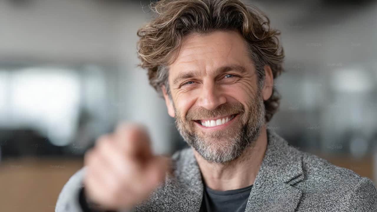 A charismatic man with a joyful smile pointing directly at the viewer, showcasing a lively and engaging expression that radiates positivity and confidence
