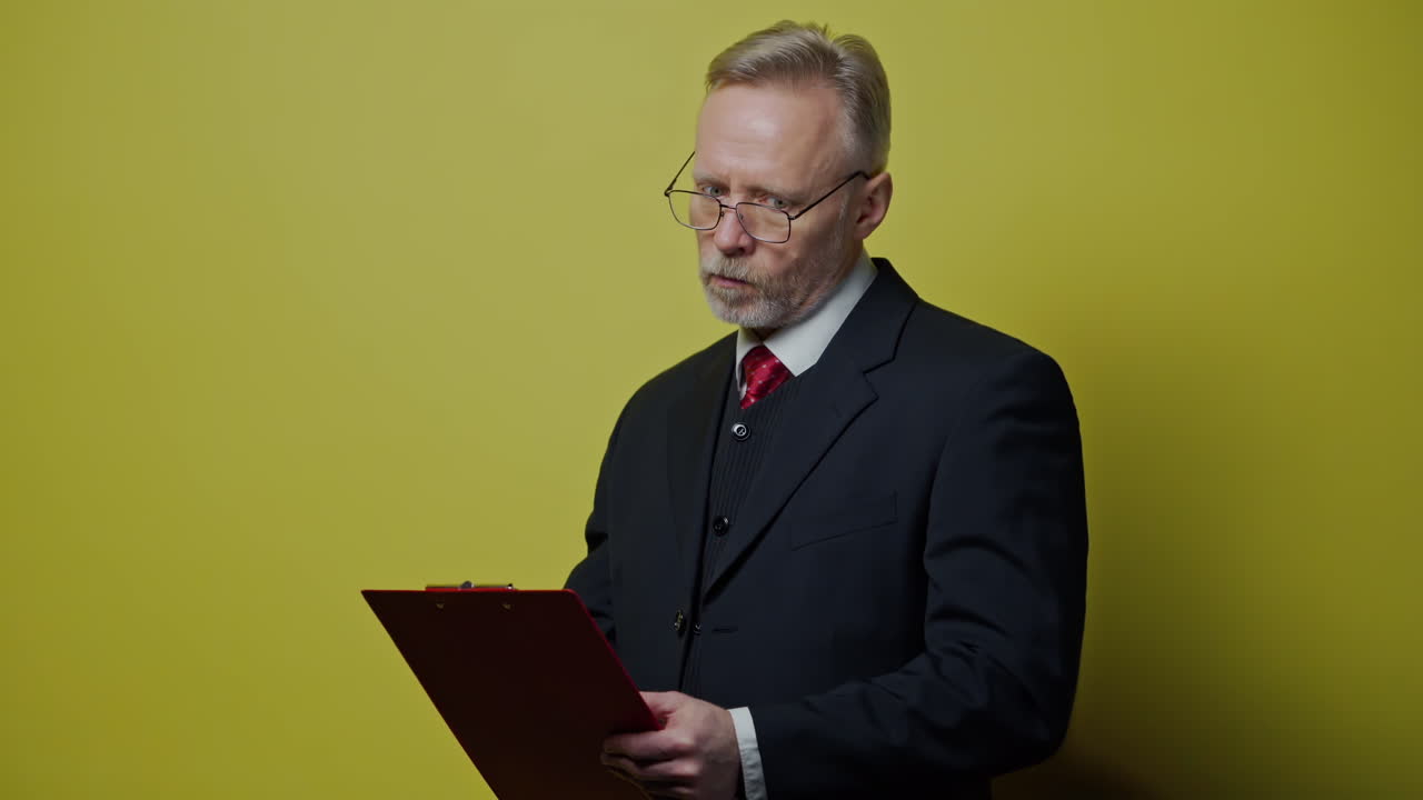 Senior man in costume is writing. Mature businessman in glasses holding a folder and thinking. Portrait of an old professional entrepreneur on yellow background.