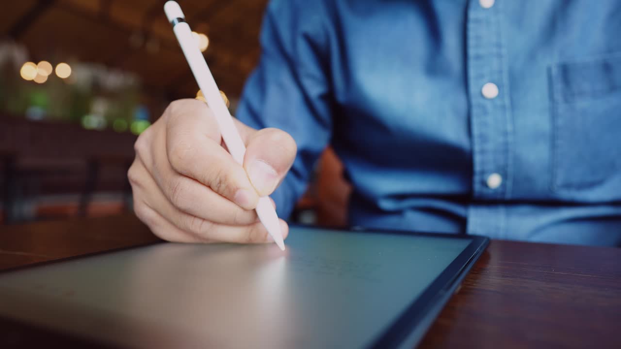 수술 마스크를 입은 젊은 사업가가 인터넷에 연결된 태블릿을 통해 고객과 비디오 컨퍼런스를 하고 있습니다.