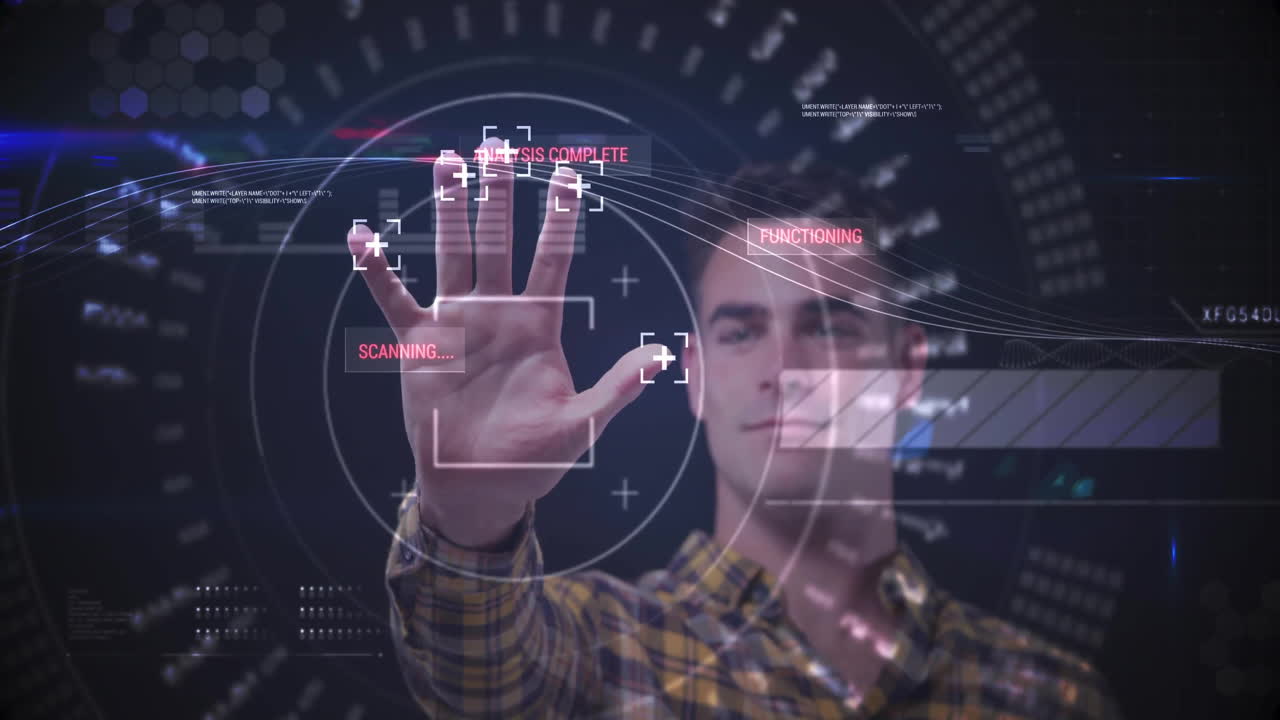 escaneo de la mano con procesamiento de datos biométricos animación sobre el hombre en camisa a cuadros