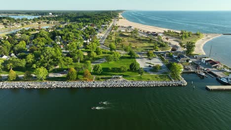 dolly motion, pushing in to the pavilion on muskegon channel