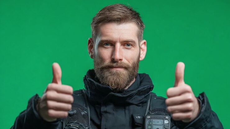 Un uomo sicuro di sé posa con il pollice in su su uno sfondo verde, comunicando approvazione e positività con un'espressione decisa