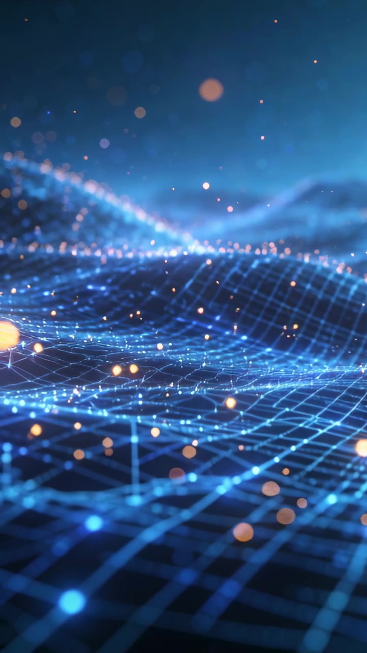 Vertical video: Starting camera low, grid rippling in 3D, showing data flow with lit nodes and dots