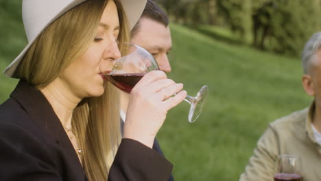 gruppe von freunden, die wein trinken, während sie während einer party im freien im park am tisch sitzen