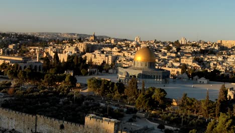 aerial drone shot orbiting dome of the rock in jerusalem israel