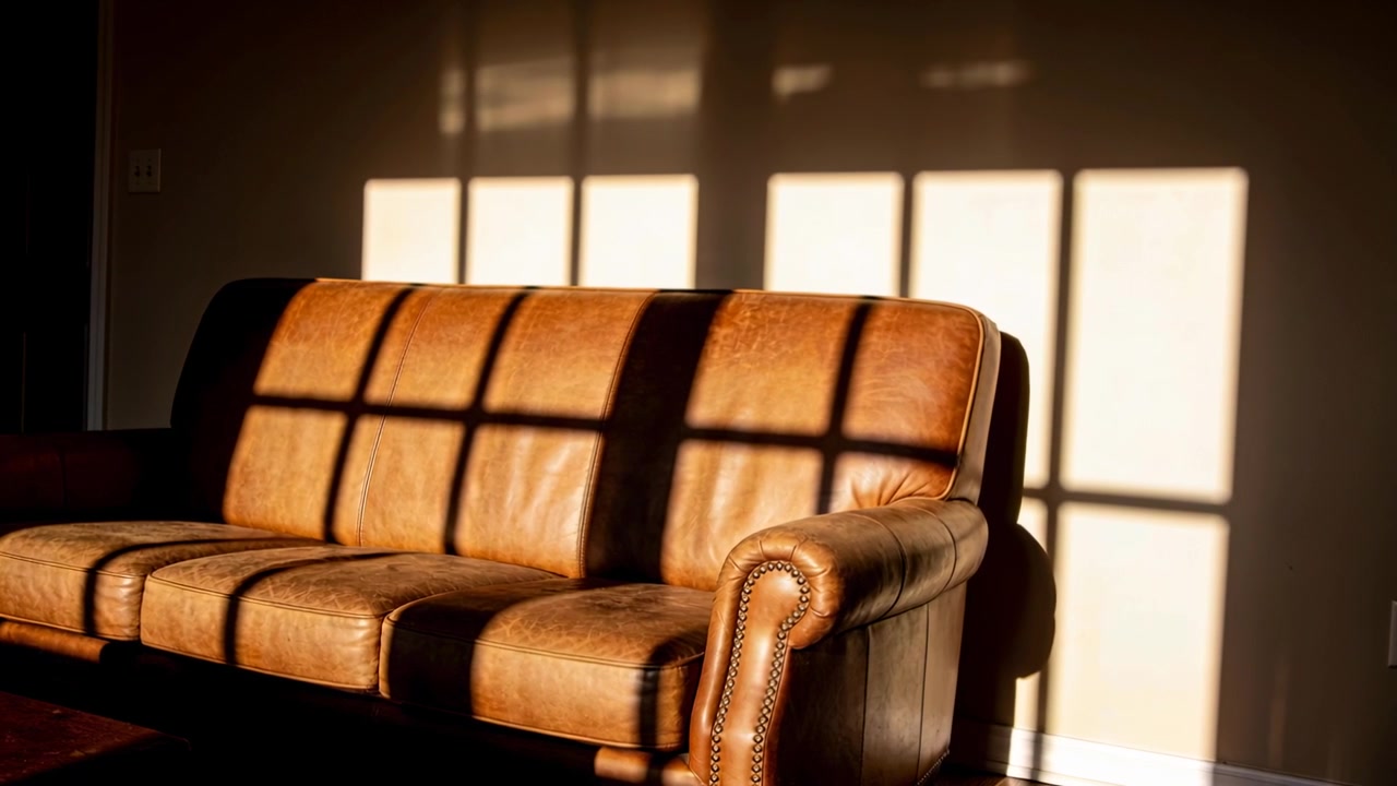 Ombre di finestre proiettate, luce solare che si sposta su un divano a tre posti in pelle color cuoio in casa