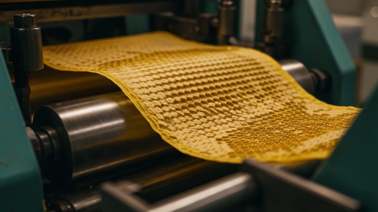 A Close-Up Look at the Honeycomb Production Process, Showcasing the Machinery Used for Creating Perfectly Shaped Wax Sheets for Beekeeping and Honey Extraction
