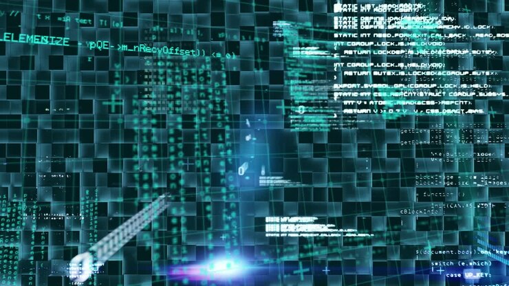 Animation of data processing over dark background